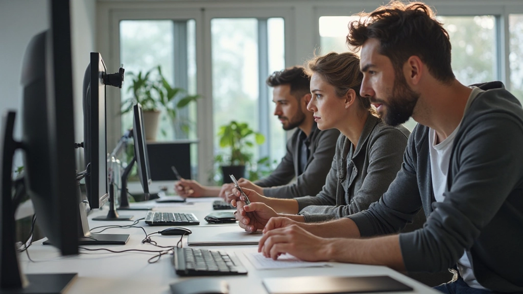 Equipa de designers colaborando em projeto de design em ambiente de estúdio profissional