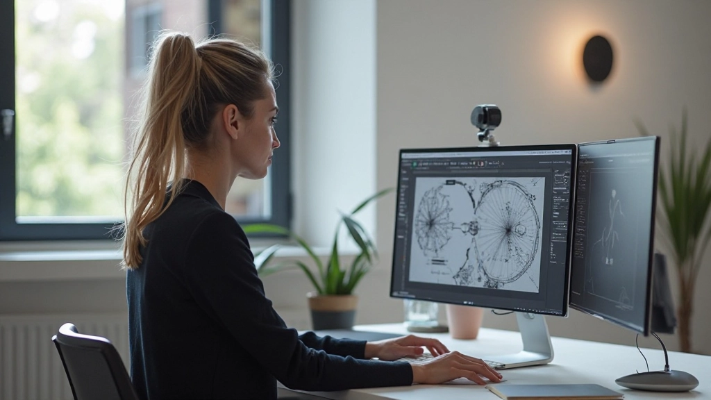 Profissional de design trabalhando em interface de usuário com ferramentas modernas em tela dupla